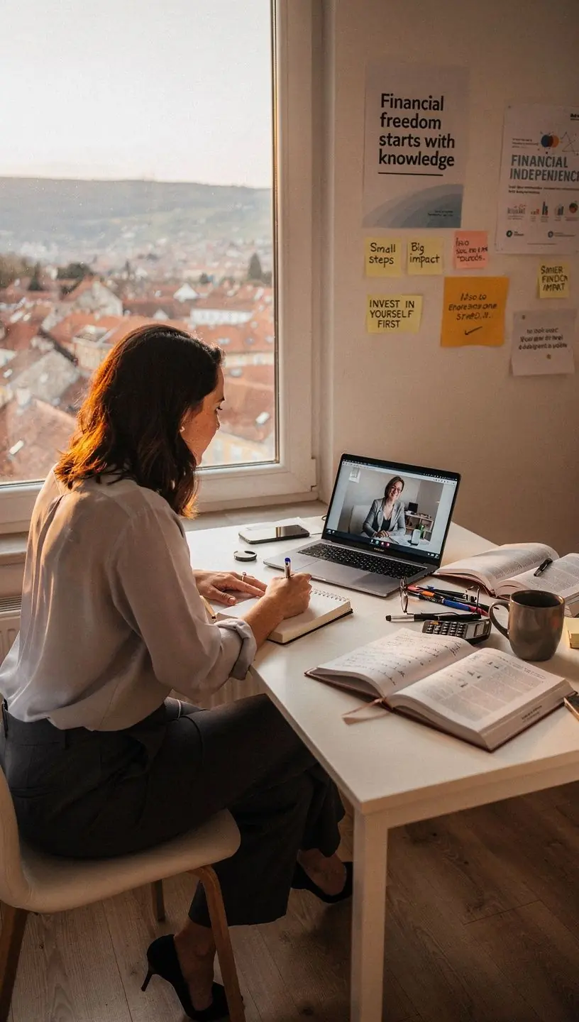 Személy ül laptop előtt, tanul személyes pénzügyekről oktató könyv segítségével