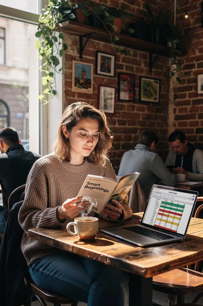 Könyvek és jegyzetek egy asztalon, amelyek személyes pénzügyi alapokat és rendszereket tanítanak kezdők számára lépésről lépésre.