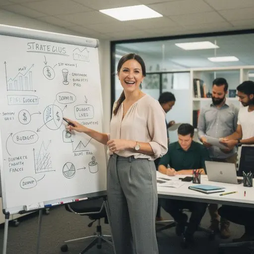 Ábrák és grafikonok egy digitális táblán, amelyek a pénzügyi tervezés lépéseit szemléltetik.